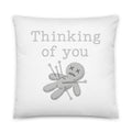 voodoo doll with pins and 'Thinking of you' text Pillow front view — Wandering With Pride