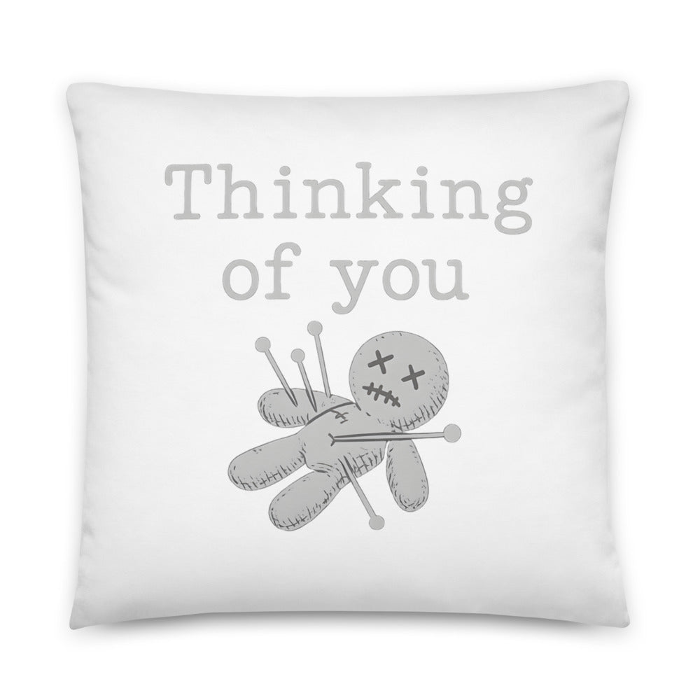 voodoo doll with pins and 'Thinking of you' text Pillow front view — Wandering With Pride