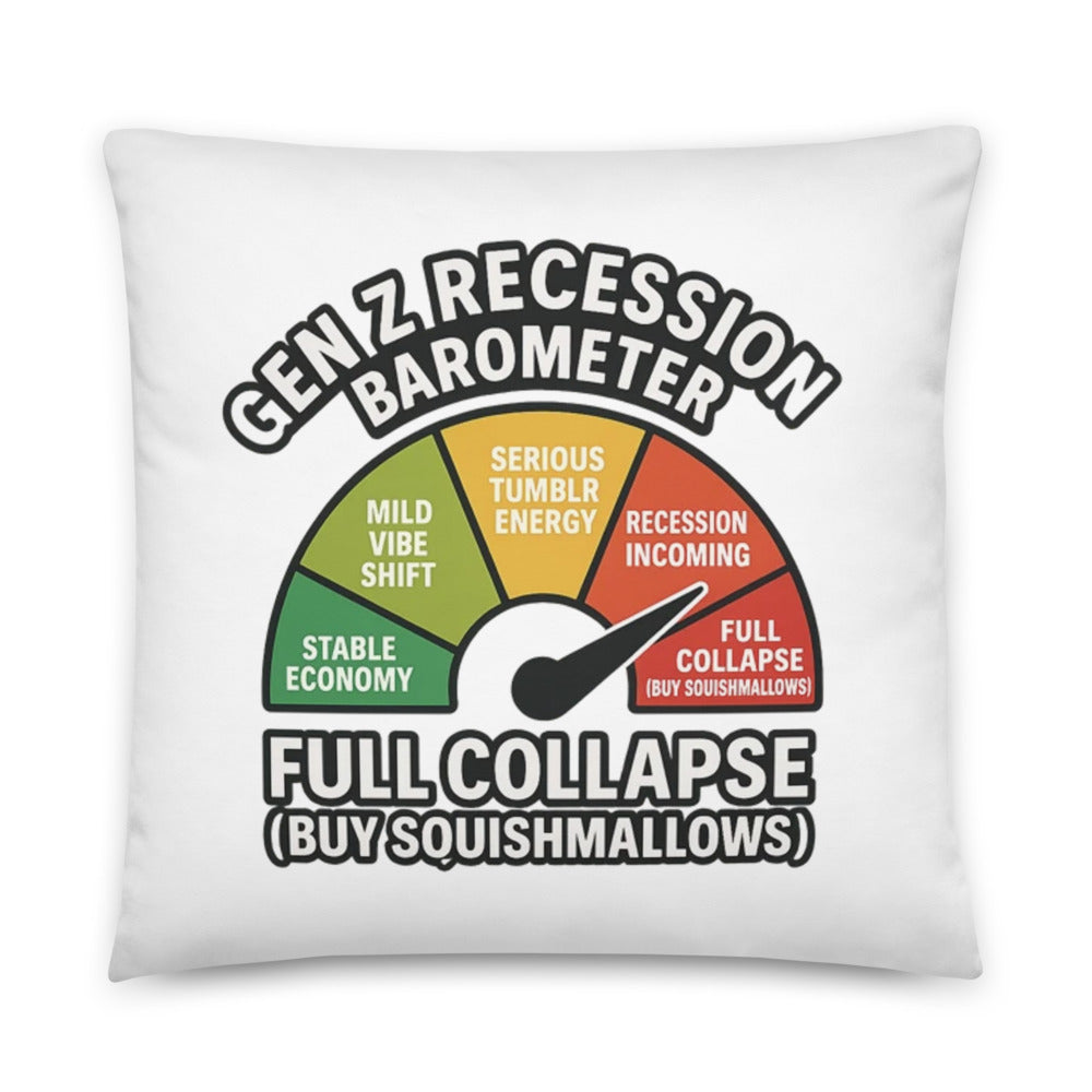 Barometer-style graphic with satirical labels critiquing modern life Pillow front view — Wandering With Pride