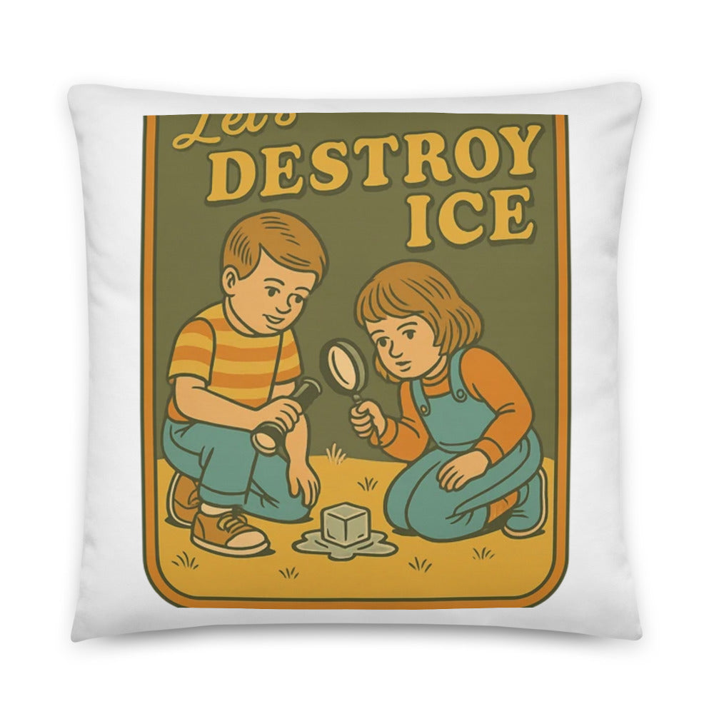 Two 1950s-style children examining an object with a magnifying glass Pillow front view — Wandering With Pride
