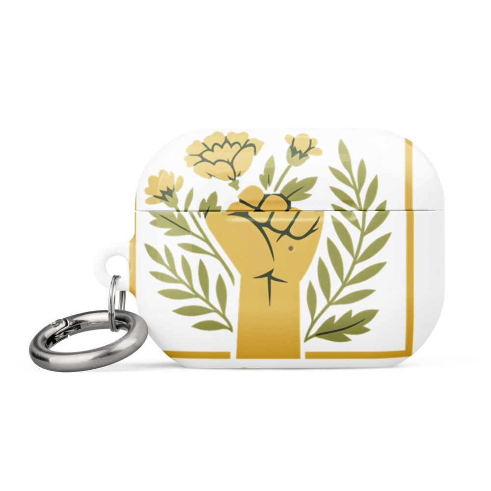 Raised fist with flowers and text 'A Woman's Place is in the Resistance' AirPods Case front view — Wandering With Pride
