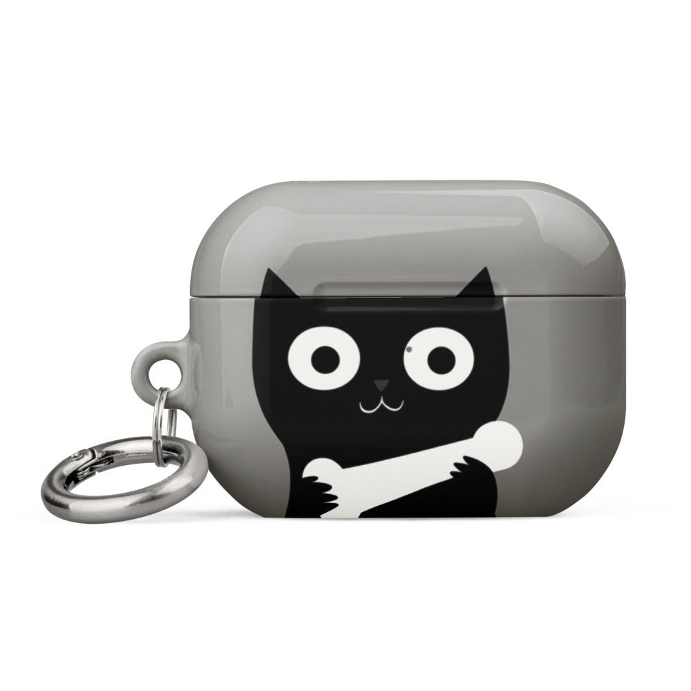 Black cat with a white bone around its neck AirPods Case front view — Wandering With Pride