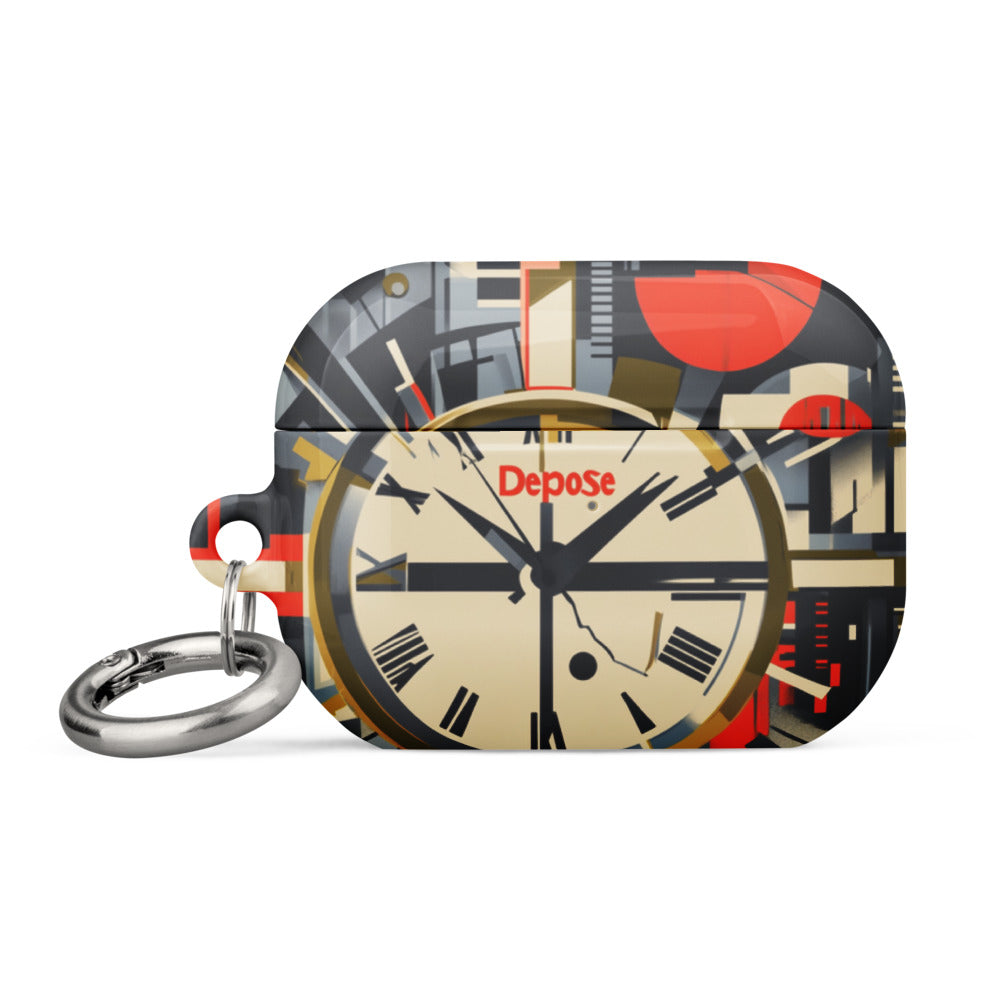 Cubist clock face with 'Demy, Defend' text and geometric shapes AirPods Case front view — Wandering With Pride