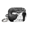 black and white hand-drawn illustration of a figure aiming a gun at someone walking away AirPods Case front view — Wandering With Pride