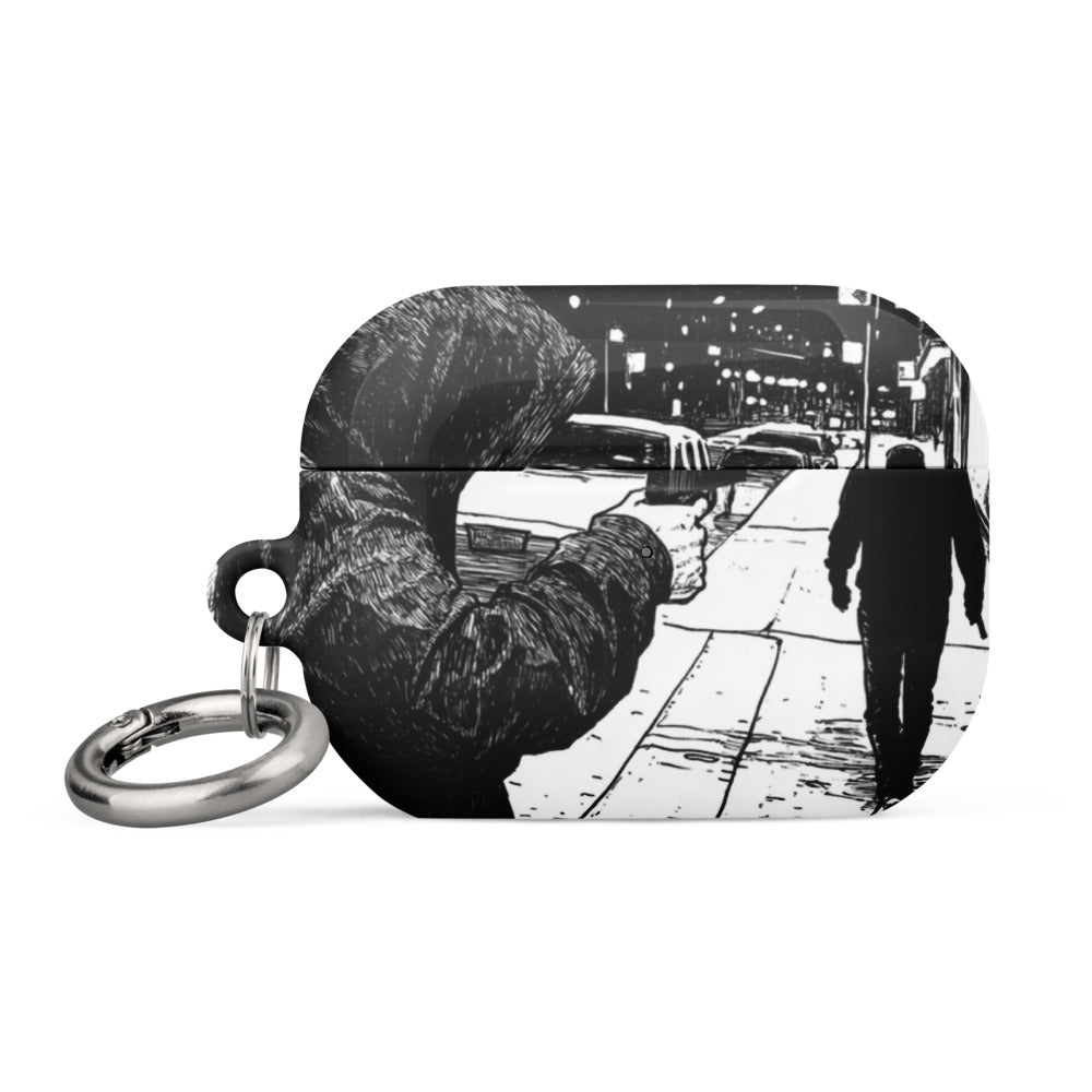 black and white hand-drawn illustration of a figure aiming a gun at someone walking away AirPods Case front view — Wandering With Pride