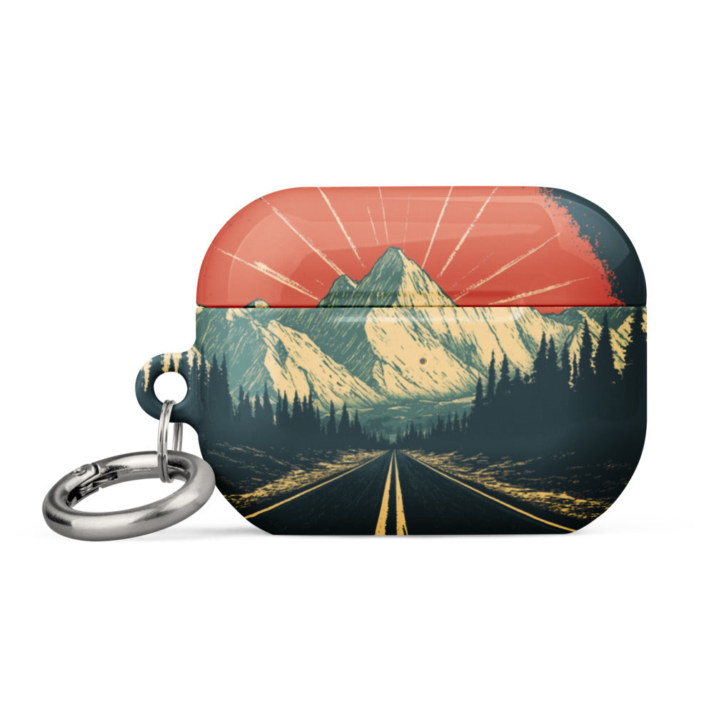 mountain range with road and sun illustration AirPods Case front view — Wandering With Pride