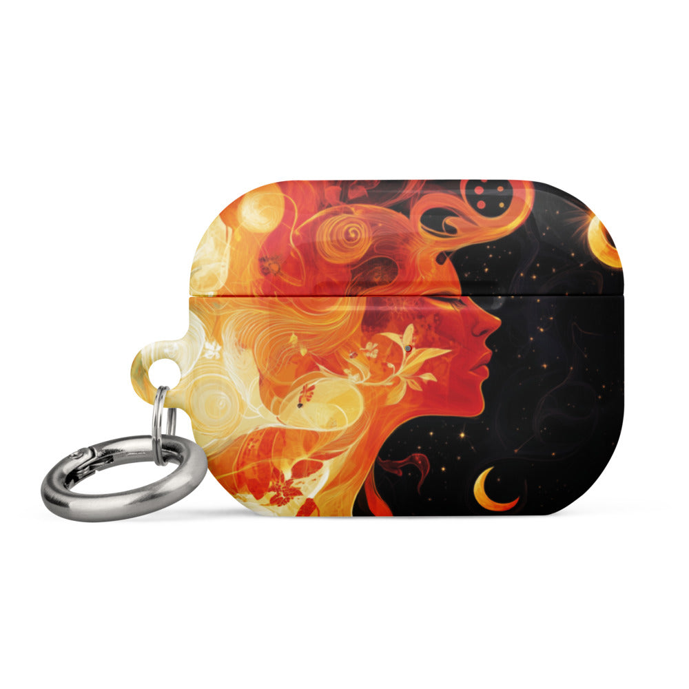 woman's profile surrounded by swirling flames and crescent moon AirPods Case front view — Wandering With Pride