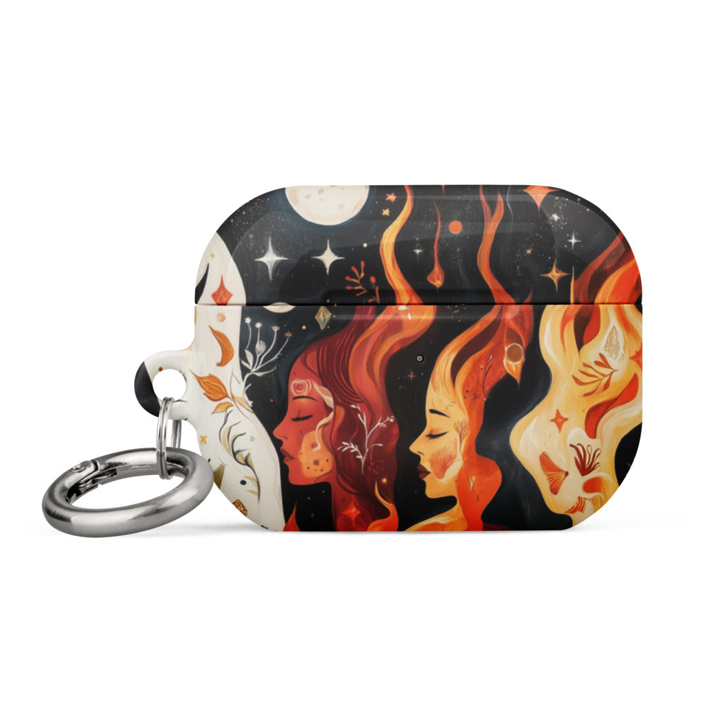 three faceless women connected by colorful hair, surrounded by leaves, flowers, and stars AirPods Case front view — Wandering With Pride