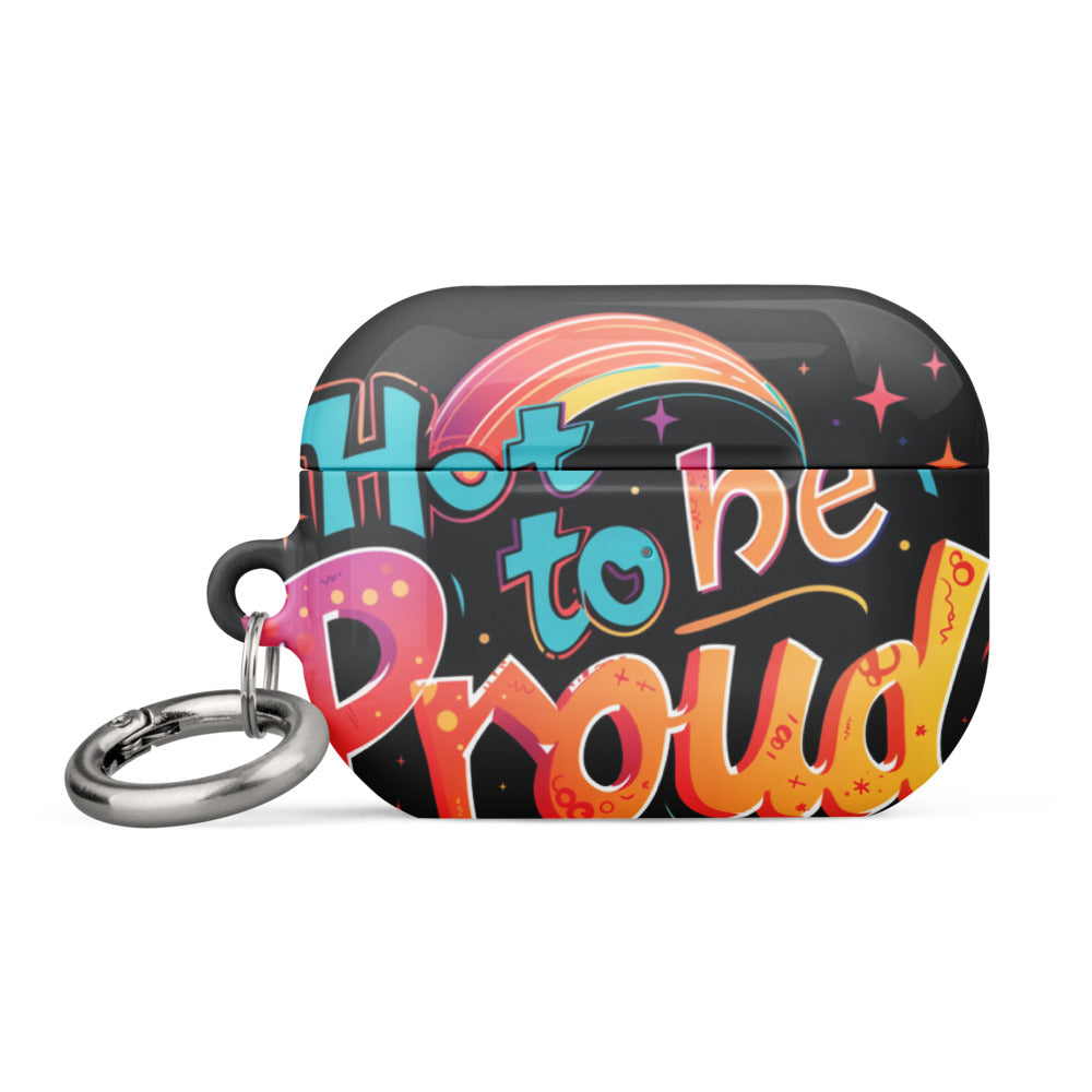 Hot to Be Proud cursive typography with swirling stars and rainbows AirPods Case front view — Wandering With Pride