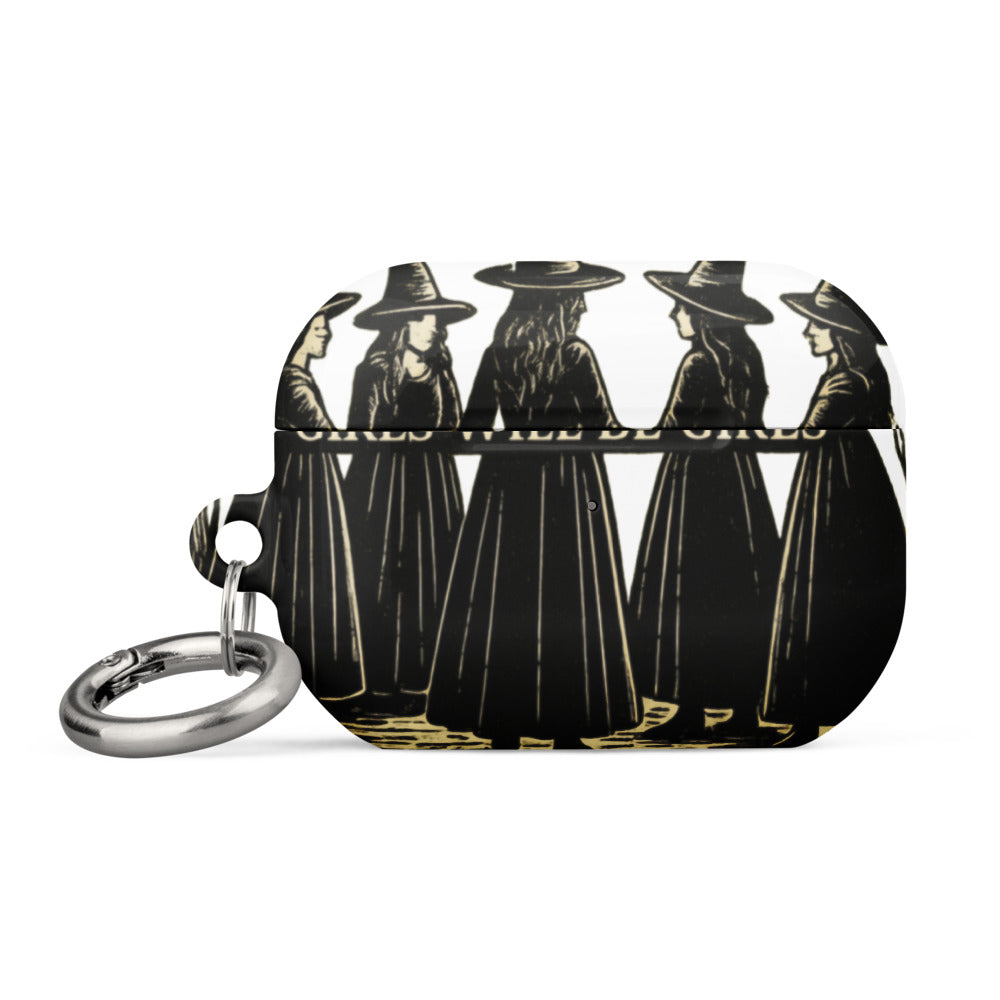 Three women in 19th/early 20th-century style dresses and hats with bold gold text 'GIRLS WILL BE GIRL' AirPods Case front view — Wandering With Pride