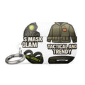WW3 fashion inspiration poster with gas mask, tactical jacket, and utility belt illustrations AirPods Case front view — Wandering With Pride