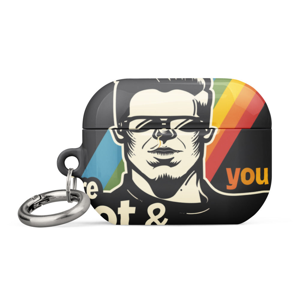 Illustrated man in sunglasses with 'Are you hot & proud?' text AirPods Case front view — Wandering With Pride