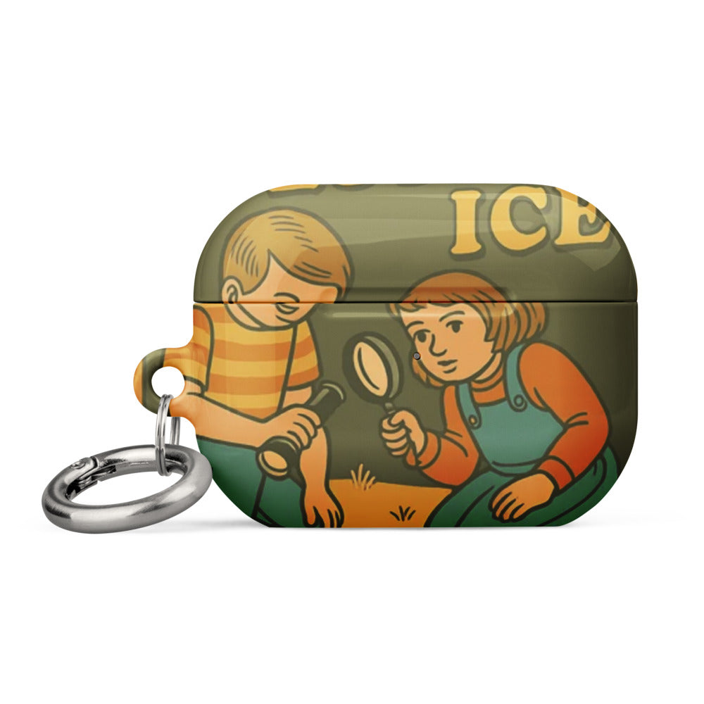 Two 1950s-style children examining an object with a magnifying glass AirPods Case front view — Wandering With Pride