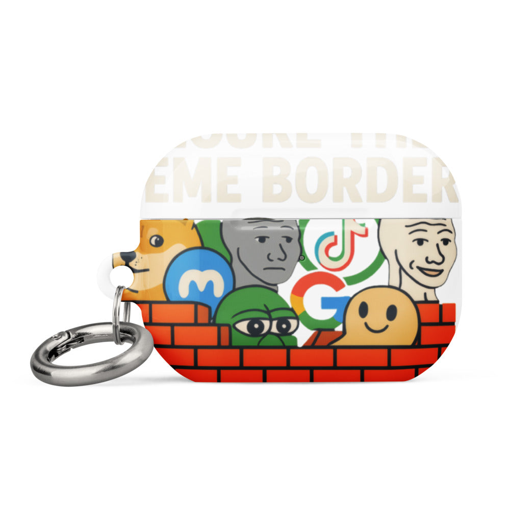 Satirical 'Meme Border' typography with repeated 'En' phonetic text AirPods Case front view — Wandering With Pride