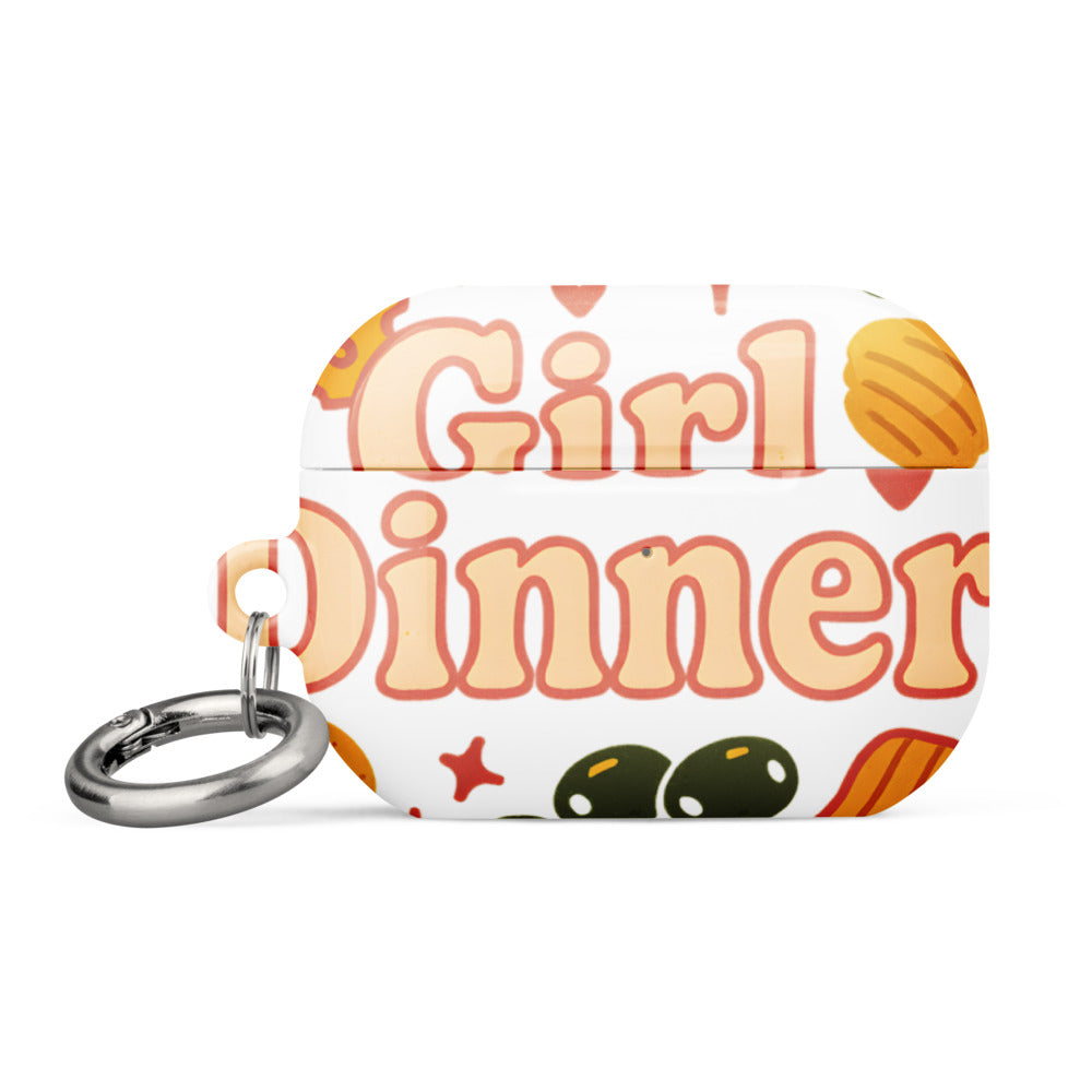 Illustration of a dinner table with chicken, pasta, fruit, plates, books, and a computer AirPods Case front view — Wandering With Pride