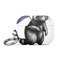 Raccoon wearing rainbow-colored heart-shaped glasses and holding a rainbow flag AirPods Case front view — Wandering With Pride