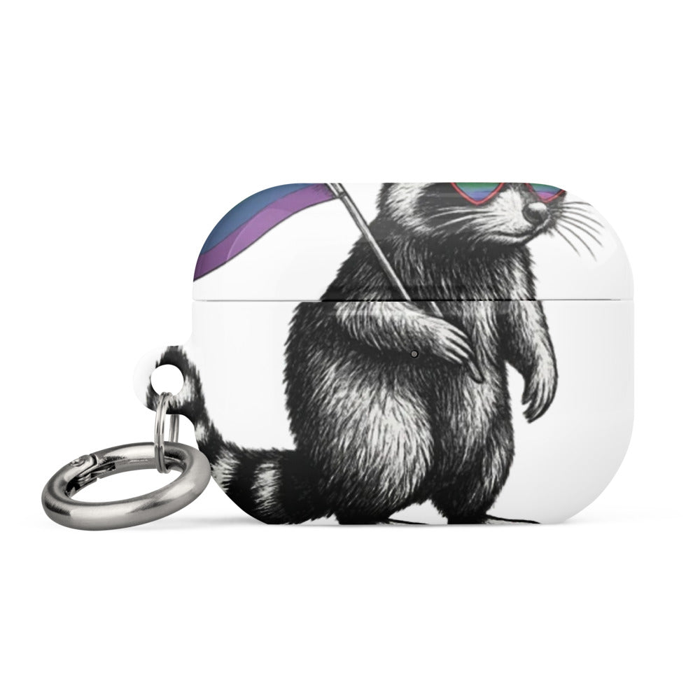 Raccoon wearing rainbow-colored heart-shaped glasses and holding a rainbow flag AirPods Case front view — Wandering With Pride