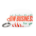 Flaming heart with 'And, baby, that's SHOW BUSINESS for you' text in Pabu/Pabu Light fonts AirPods Case front view — Wandering With Pride
