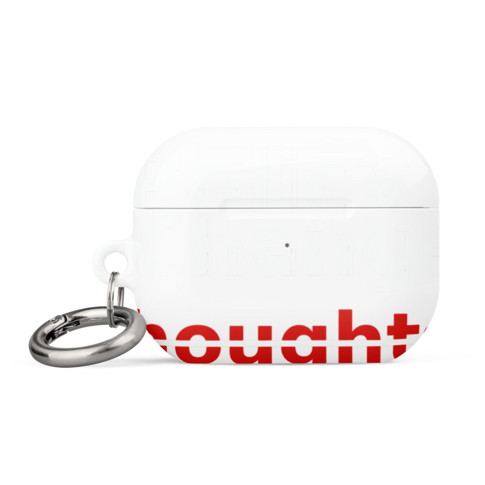 Typography-based protest graphic with 'Policy & Change' over crossed-out 'Thoughts' and 'Prayers' AirPods Case front view — Wandering With Pride