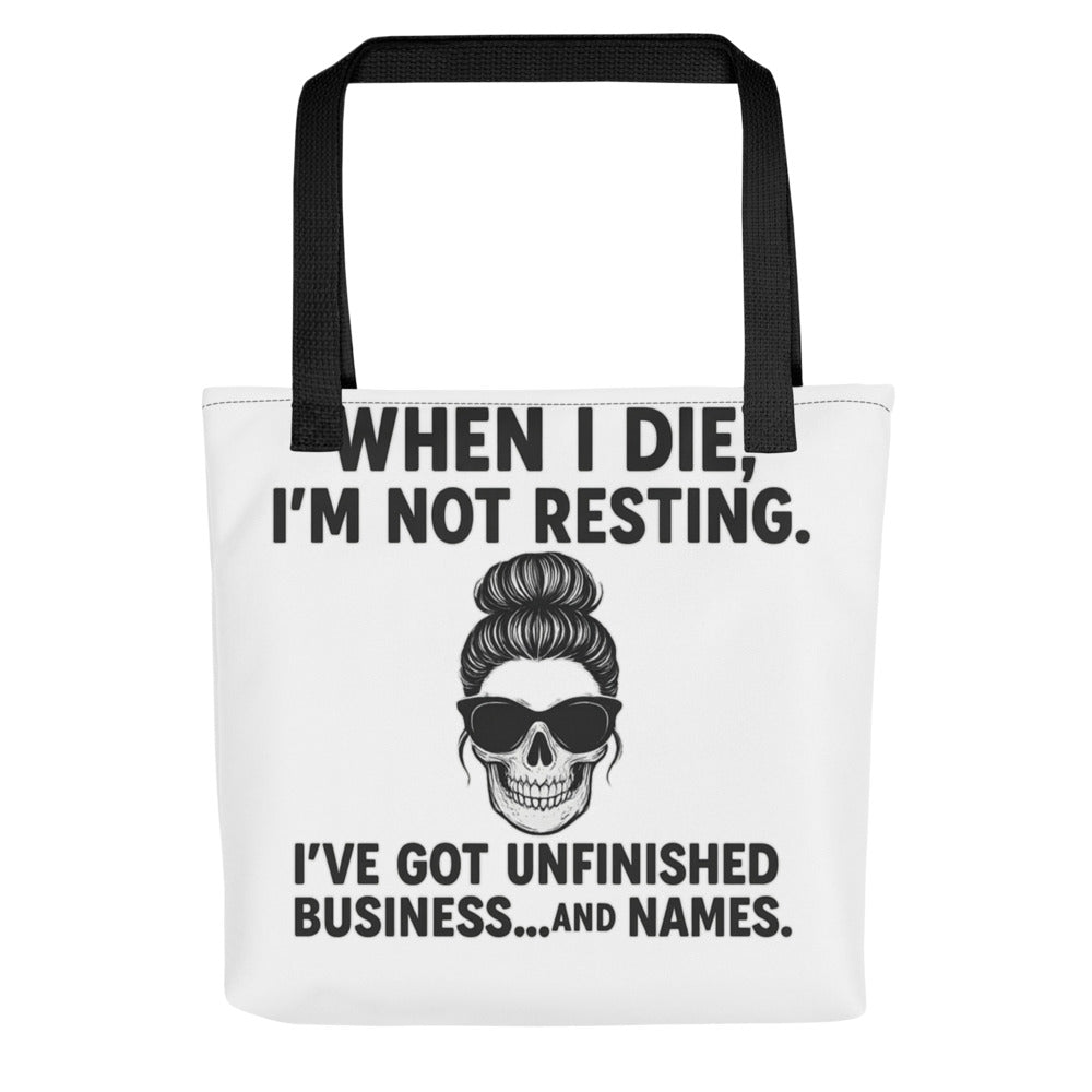punk skull illustration with tongue out, spiked hair, and sunglasses Tote Bag front view — Wandering With Pride