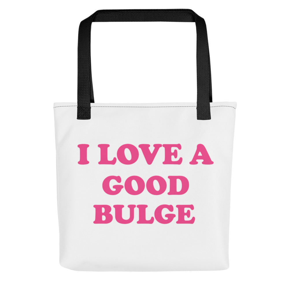 Typography design reading 'I LOVE A GOOD BULGE' in bold pinkish-red text on black background Tote Bag front view — Wandering With Pride