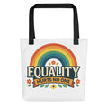 Rainbow arch with flowers and 'Equality Hurts No One' typography Tote Bag front view — Wandering With Pride