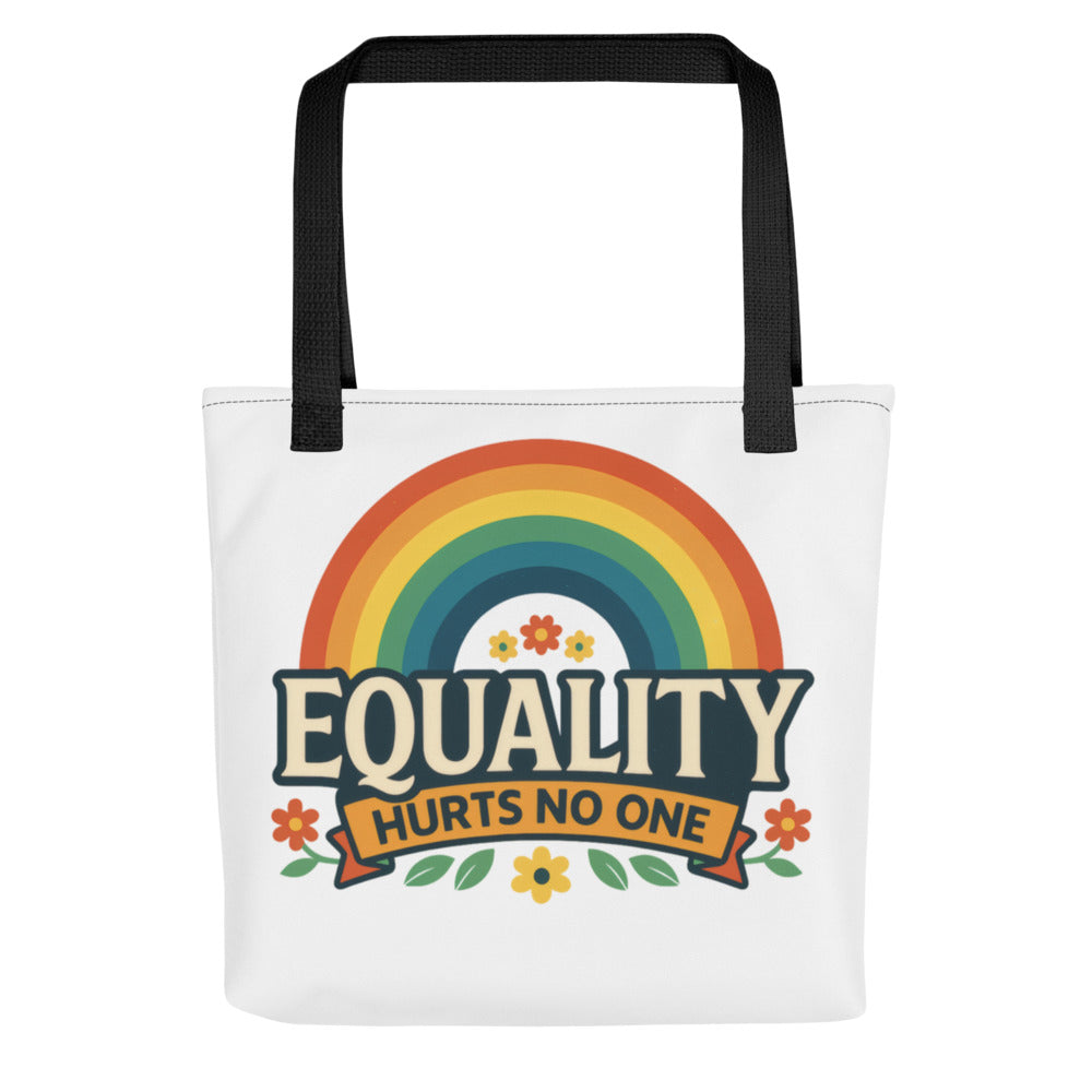 Rainbow arch with flowers and 'Equality Hurts No One' typography Tote Bag front view — Wandering With Pride