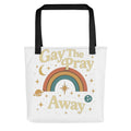 Gay the Pray Away illustration with rainbow arc, star, and crescent moon Tote Bag front view — Wandering With Pride