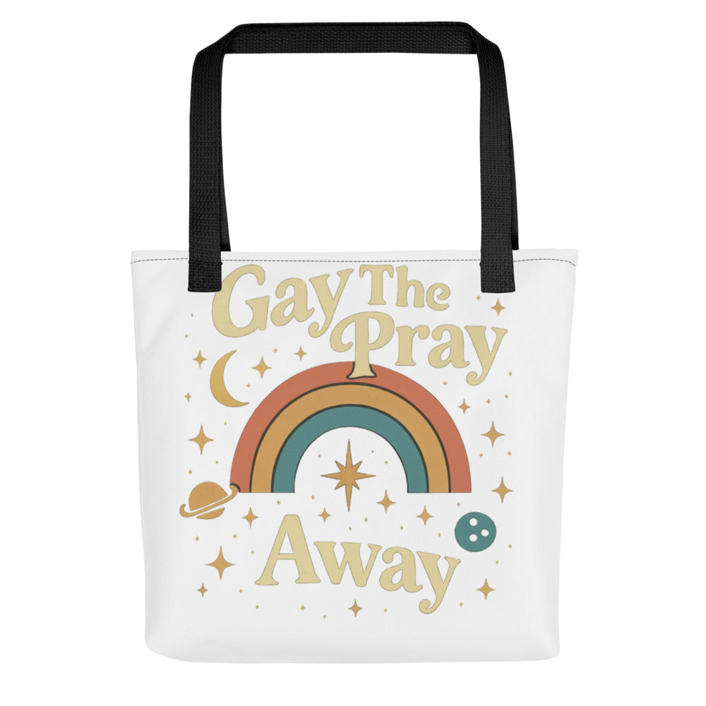 Gay the Pray Away illustration with rainbow arc, star, and crescent moon Tote Bag front view — Wandering With Pride