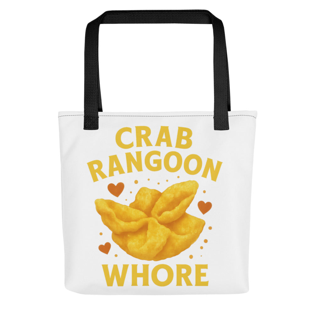Illustration of a cartoon crab with heart-shaped eyes and mouth, text 'CRAB RANGOON WHORE' Tote Bag front view — Wandering With Pride