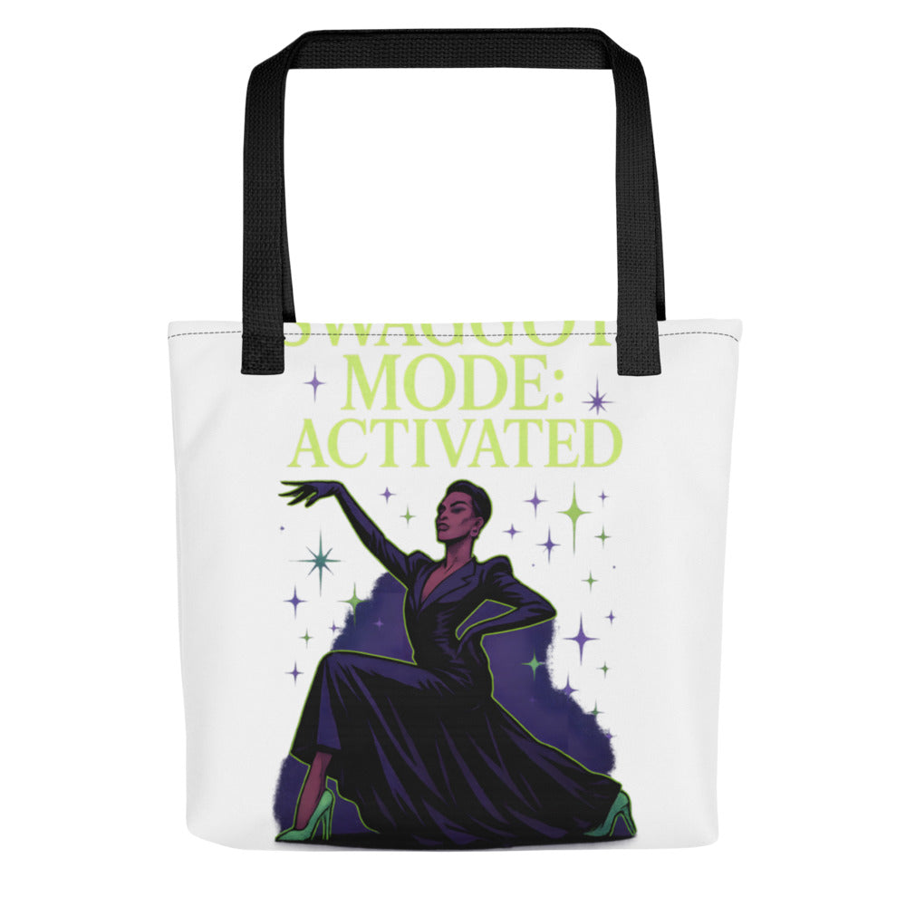 abstract female figure in dynamic pose surrounded by vibrant music energy Tote Bag front view — Wandering With Pride