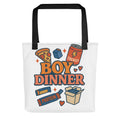 Playful 'Boy Dinner' illustration featuring a pizza slice face, energy drink, protein box, and heart Tote Bag front view — Wandering With Pride