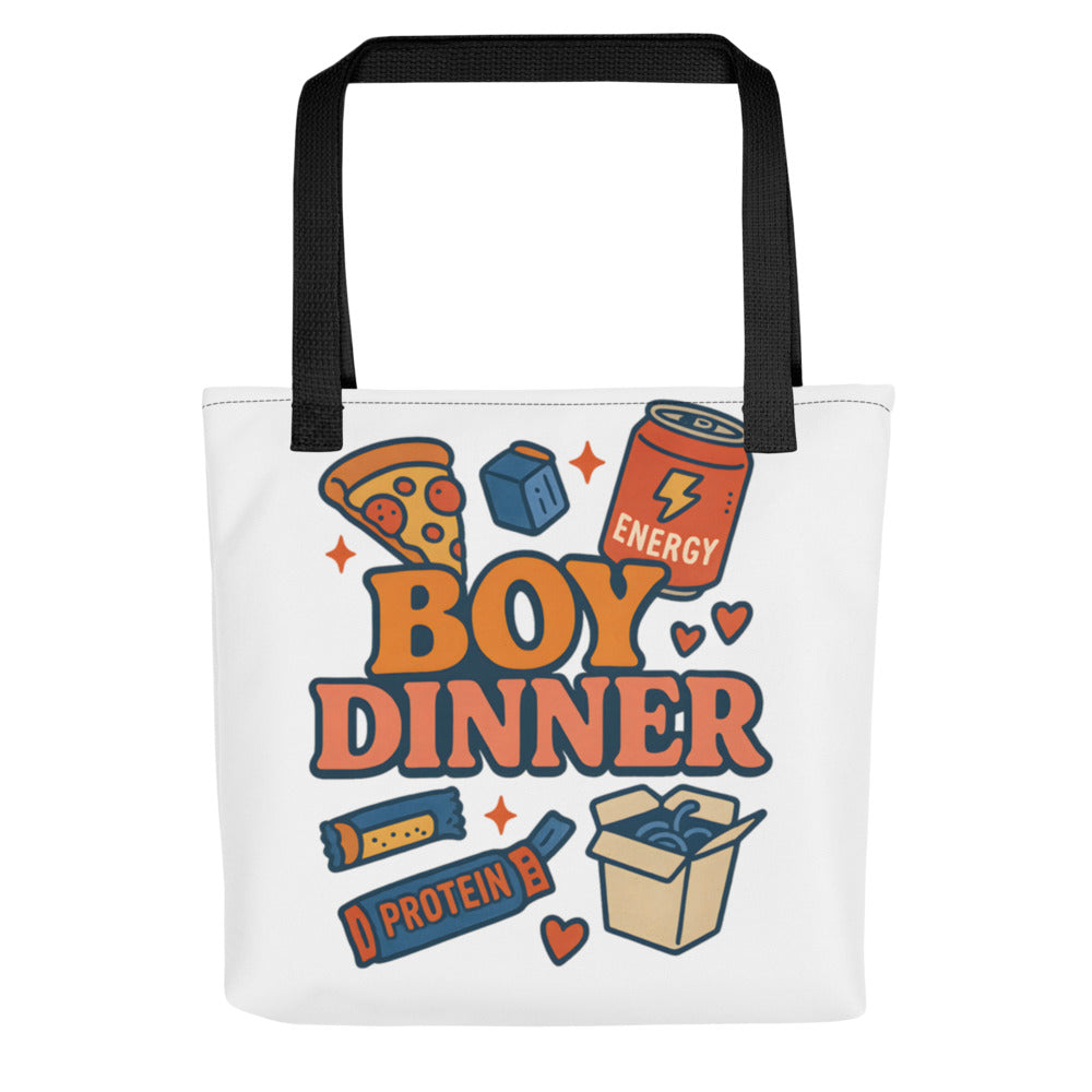 Playful 'Boy Dinner' illustration featuring a pizza slice face, energy drink, protein box, and heart Tote Bag front view — Wandering With Pride