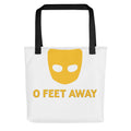 0 FEET AWAY mask-like logo with round eyes Tote Bag front view — Wandering With Pride