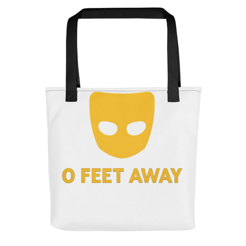 0 FEET AWAY mask-like logo with round eyes Tote Bag front view — Wandering With Pride
