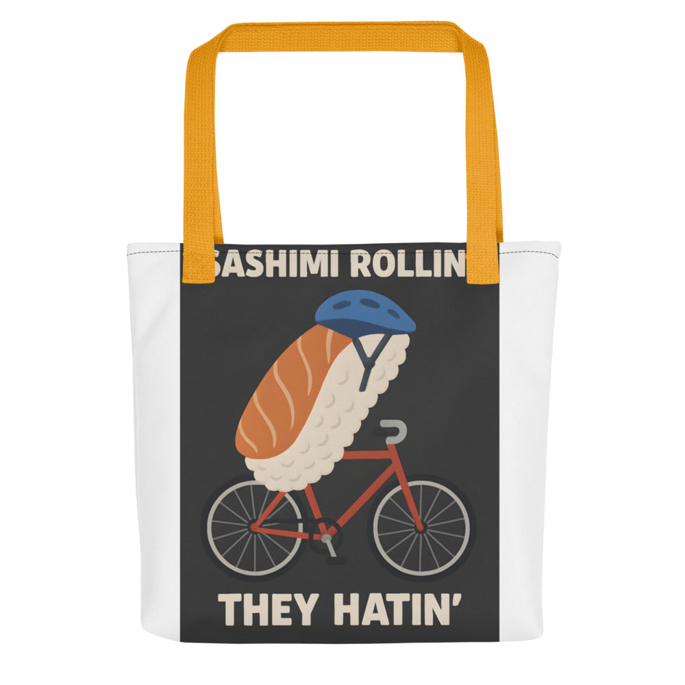 Anime-style sashimi roll on a red bicycle wearing a blue helmet Tote Bag front view — Wandering With Pride