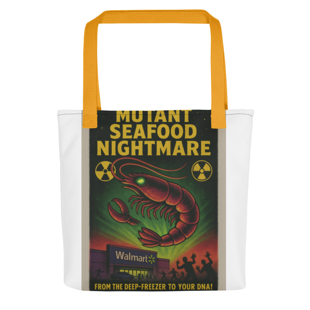 Mutant Seafood Nightmare restaurant poster with grotesque mutated seafood creature Tote Bag front view — Wandering With Pride