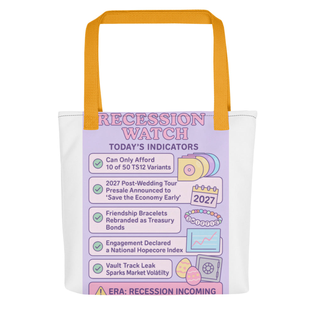 Swiftie Recession Watch infographic Tote Bag front view — Wandering With Pride