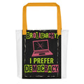 laptop with cracked screen and 'BROLIGARCHY? I PREFER DEMOCRACY.' illustration Tote Bag front view — Wandering With Pride