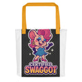 Cartoon illustration of RuPaul with an exaggerated 'M'-shaped hairline and playful expression Tote Bag front view — Wandering With Pride