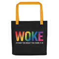 W O K E typography Tote Bag front view — Wandering With Pride