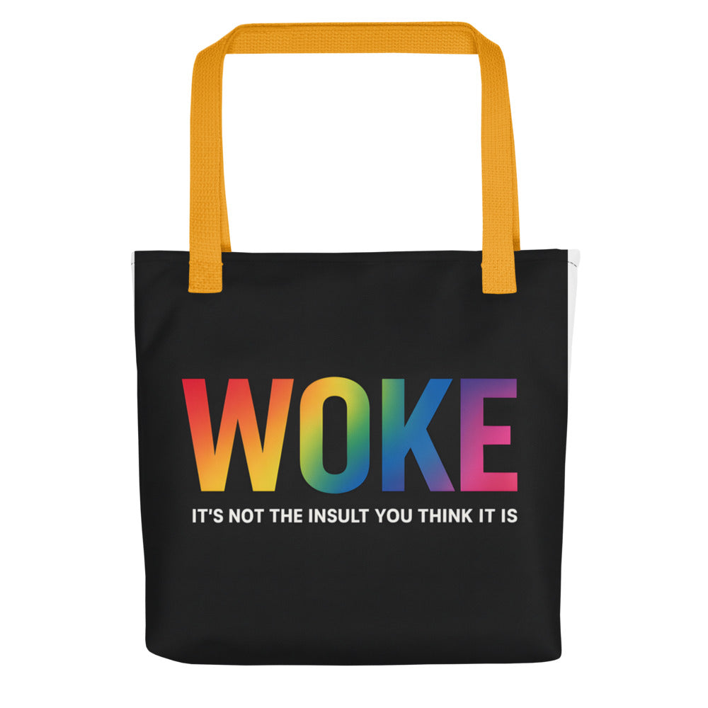W O K E typography Tote Bag front view — Wandering With Pride