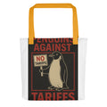 Cartoon penguin with 'NO TARIFFS' sign Tote Bag front view — Wandering With Pride