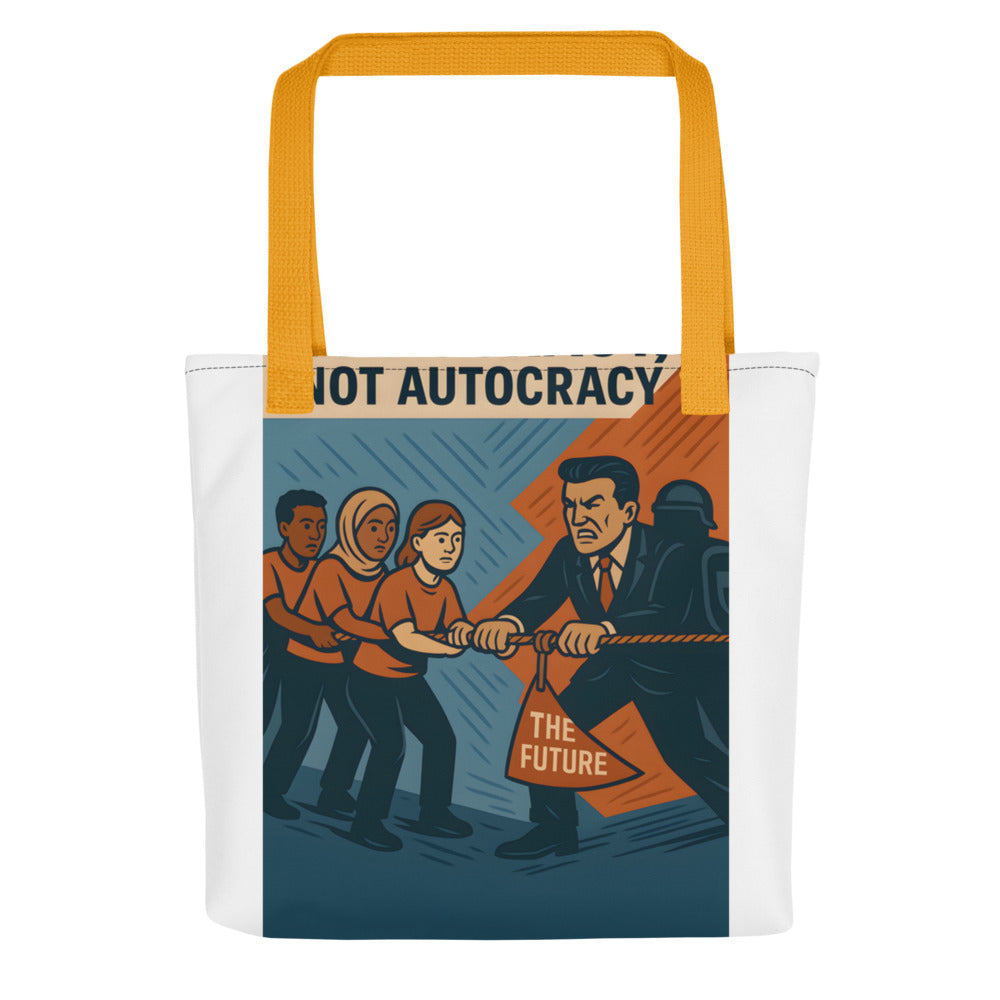 Democracy, Not Autocracy typography Tote Bag front view — Wandering With Pride