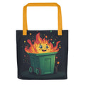 cartoon-style trash can with sun emoji emerging from flames Tote Bag front view — Wandering With Pride