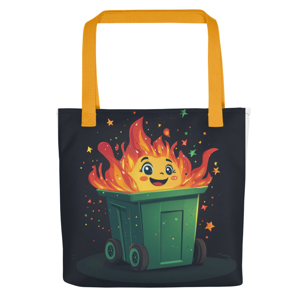 cartoon-style trash can with sun emoji emerging from flames Tote Bag front view — Wandering With Pride