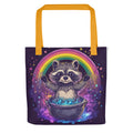 Raccoon in a pot surrounded by rainbow and stars illustration Tote Bag front view — Wandering With Pride