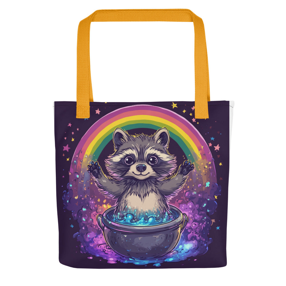 Raccoon in a pot surrounded by rainbow and stars illustration Tote Bag front view — Wandering With Pride