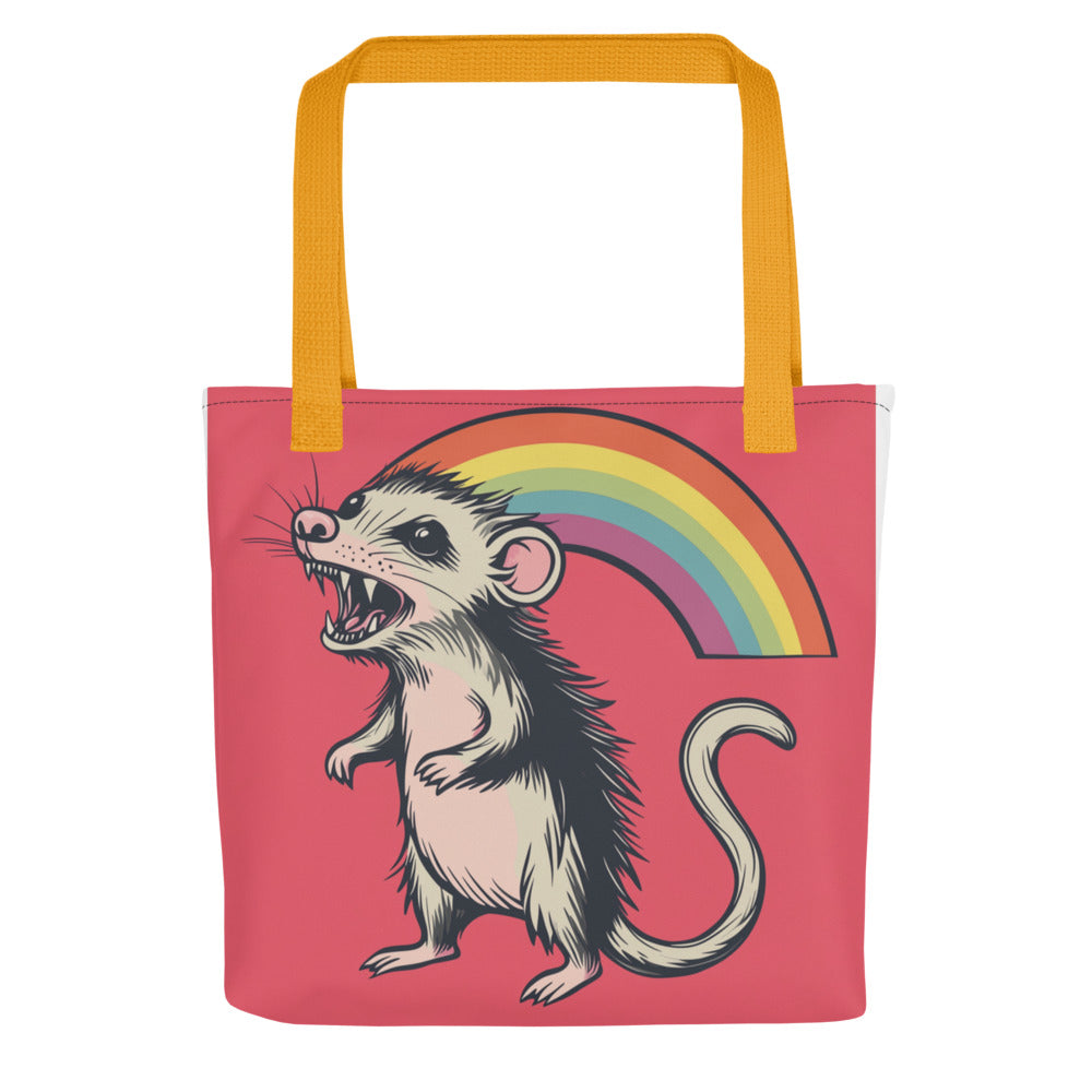Cartoon-style rat with rainbow-gradient tail on red background Tote Bag front view — Wandering With Pride