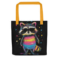 rainbow raccoon illustration with sunglasses and hat under stars and crescent moon Tote Bag front view — Wandering With Pride